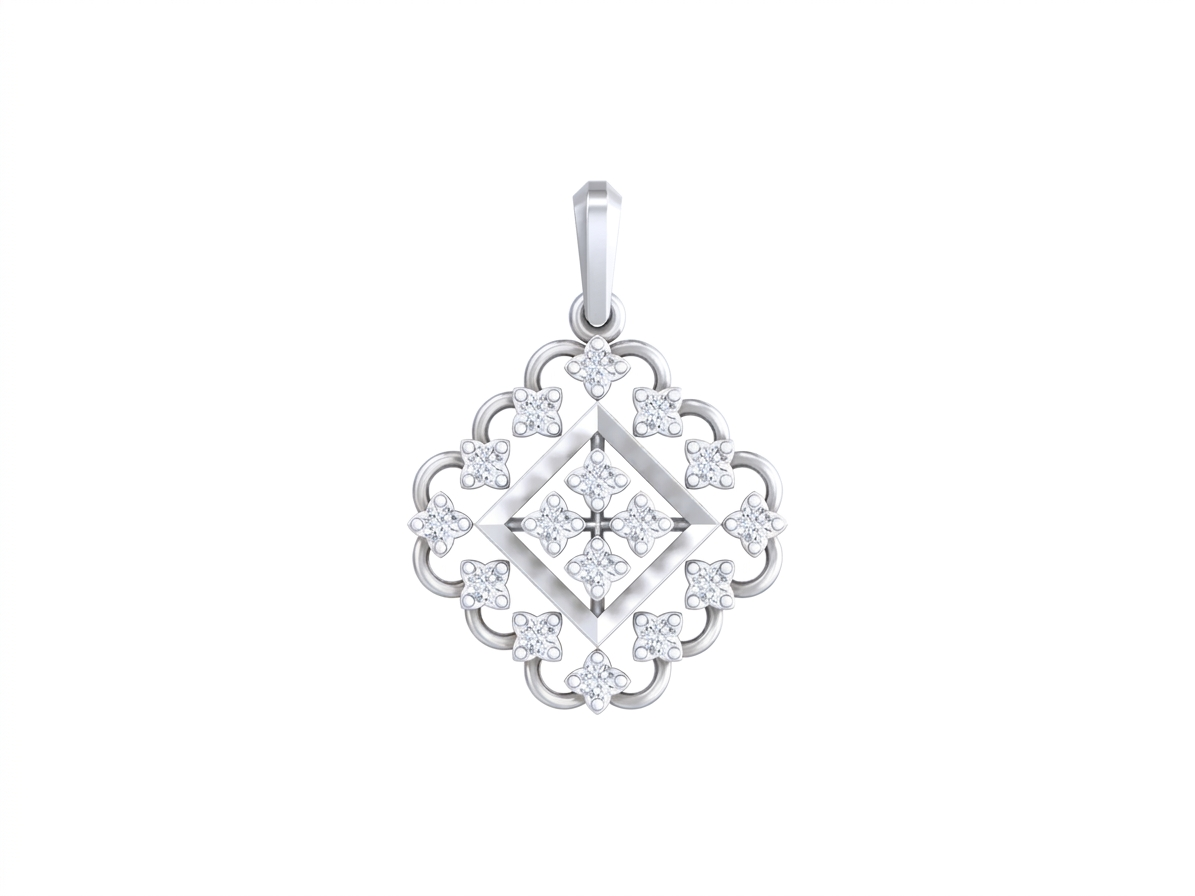White gold and diamond floral pendant on white background