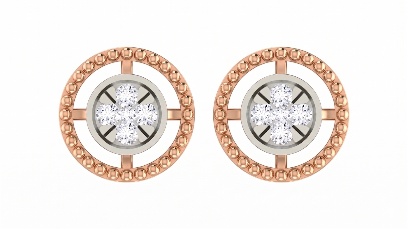 Rose gold & Diamond Round-Shaped Women Stud Earring on a white backgound