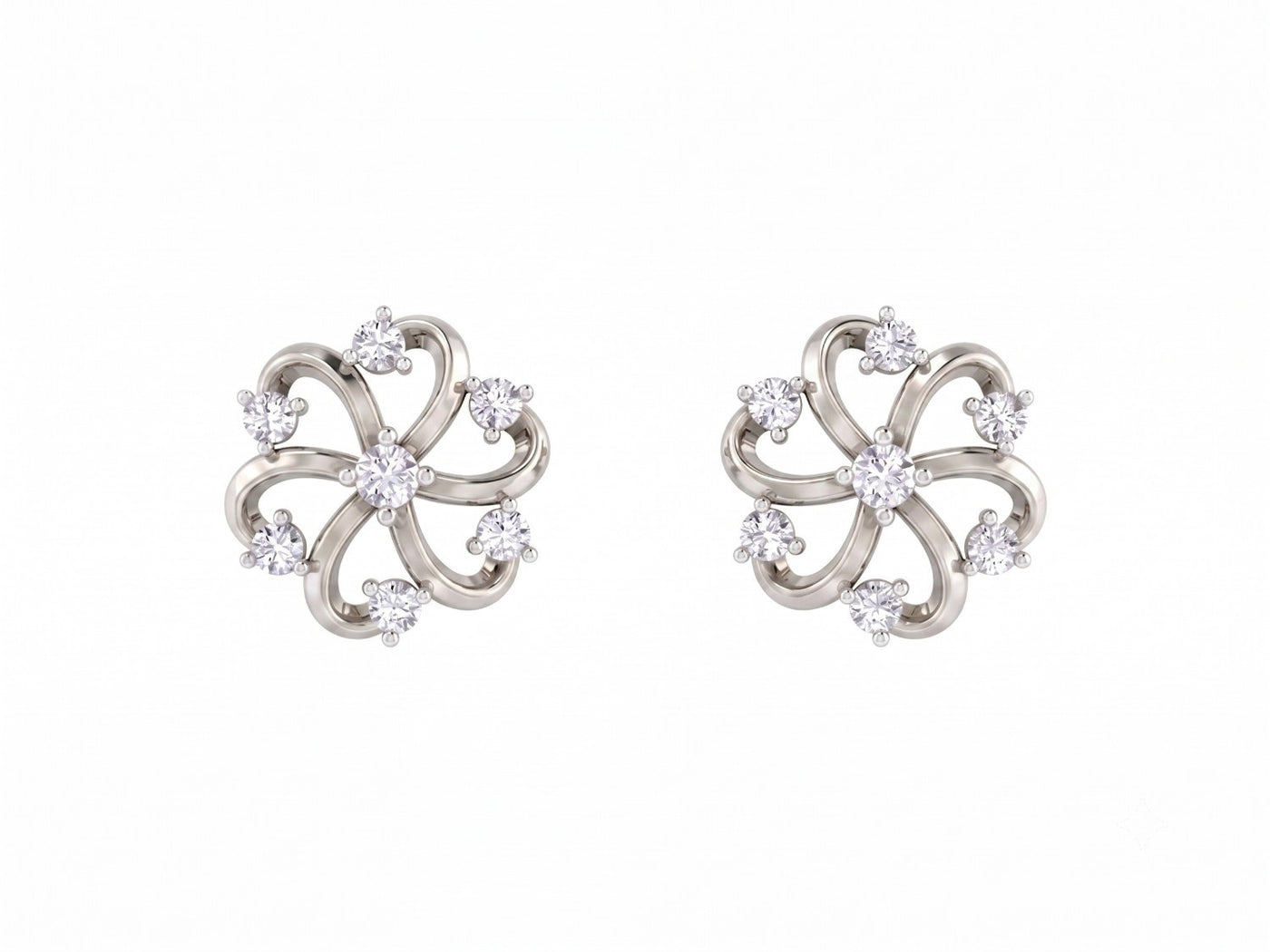 White gold stud earrings with floral-design on a white background