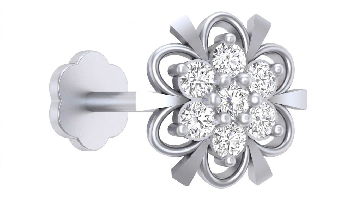 White gold and diamond stud nose pin with diamonds on a white background
