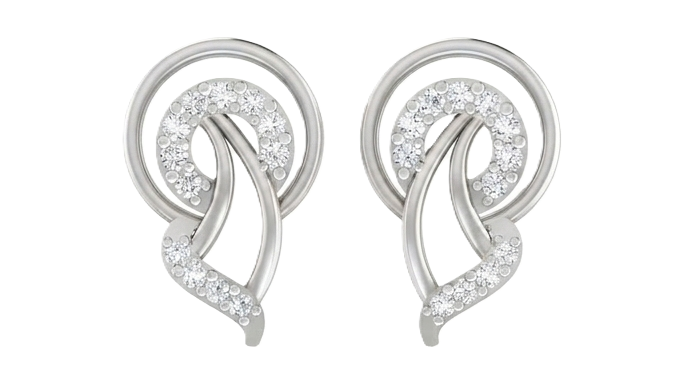 White gold and diamond stud earrings on a white background.