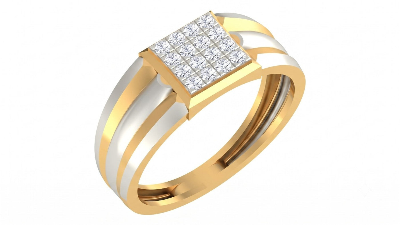 Yellow gold and diamond mens ring on a white background.