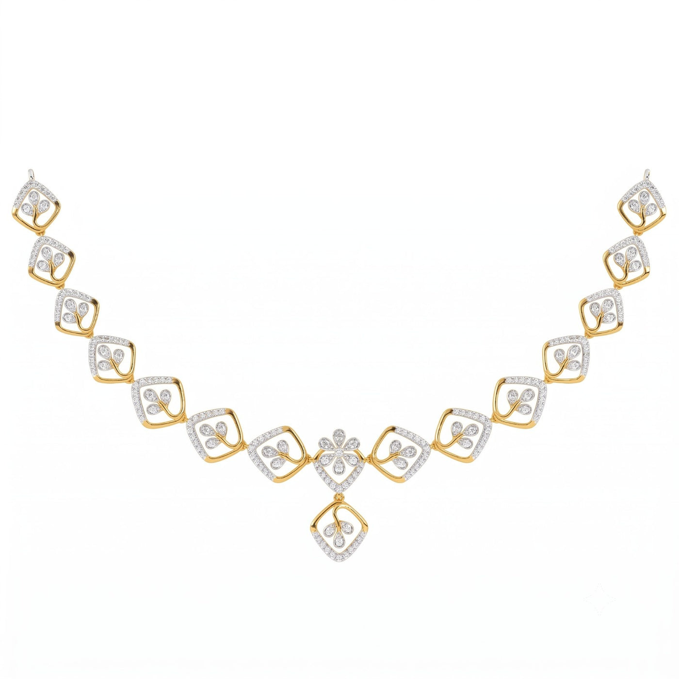 A yellow gold and diamond necklace featuring a symmetrical geometric design, displayed on a solid white background.