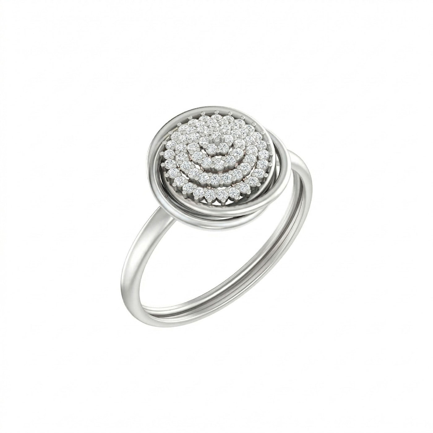 White gold ring with a diamond-studded spiral design on a white background
