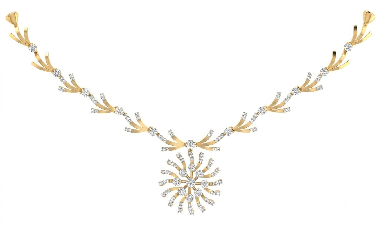 A rose gold and diamond necklace featuring a central sunburst with radiating diamond-like stones, on a plain white background.