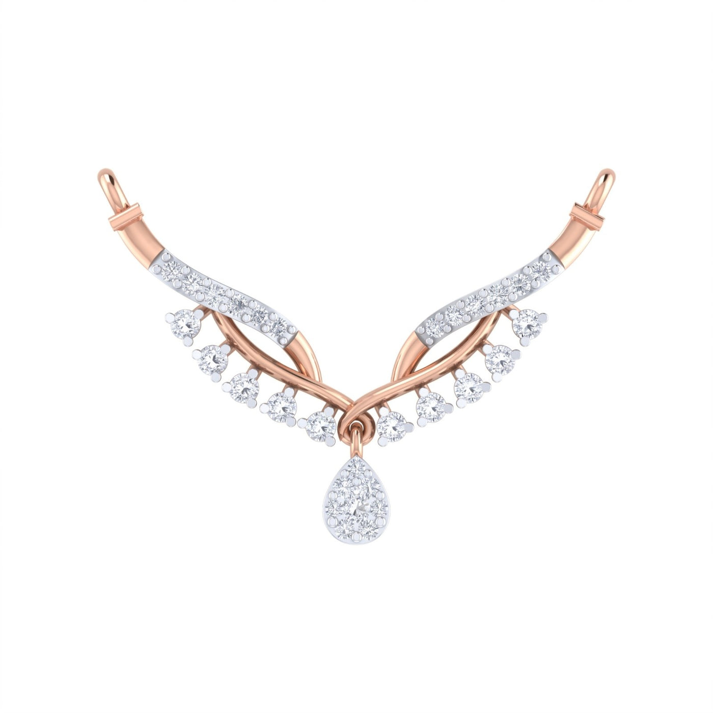Rose gold and silver necklace with diamond accents on a white background