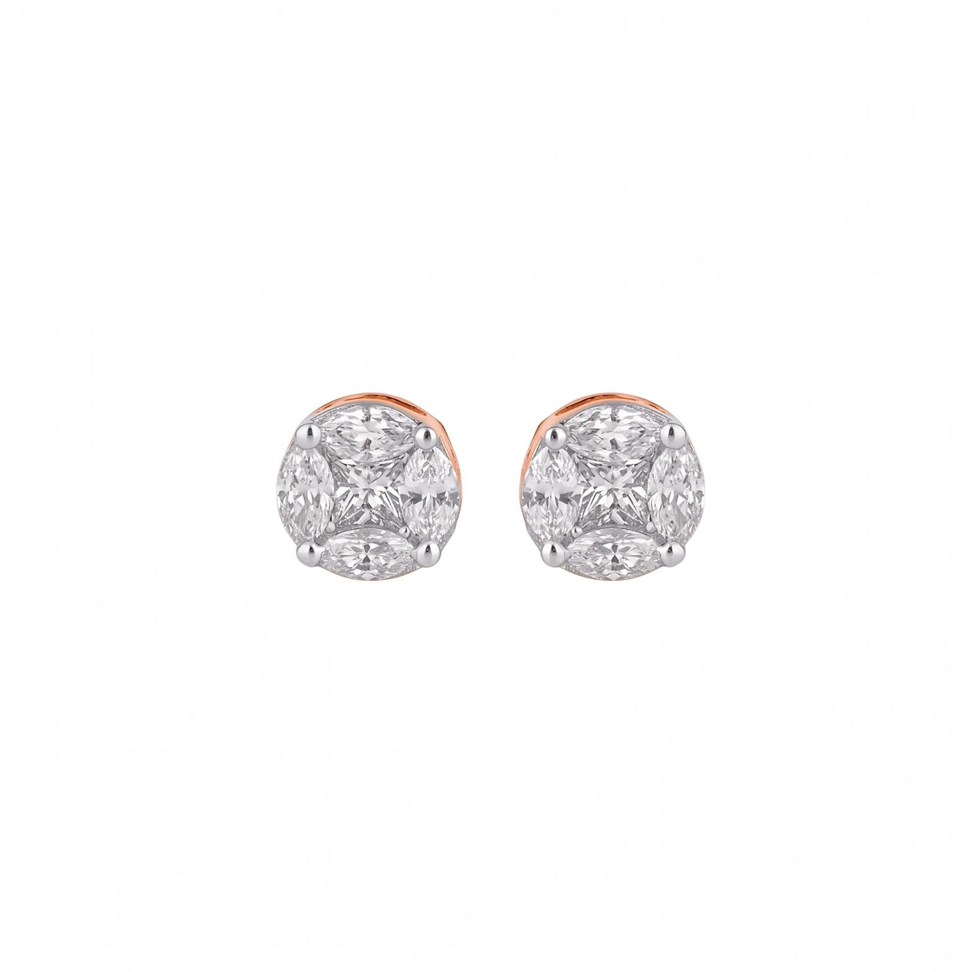 Pair of rose gold and diamond stud earrings on a white background

