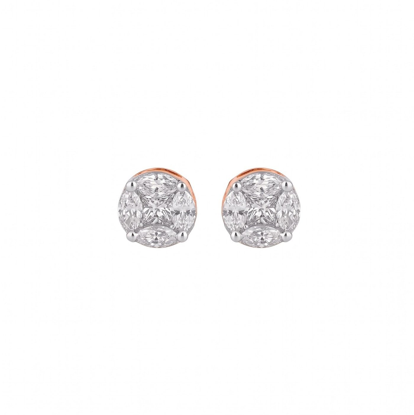 Pair of rose gold and diamond stud earrings on a white background.