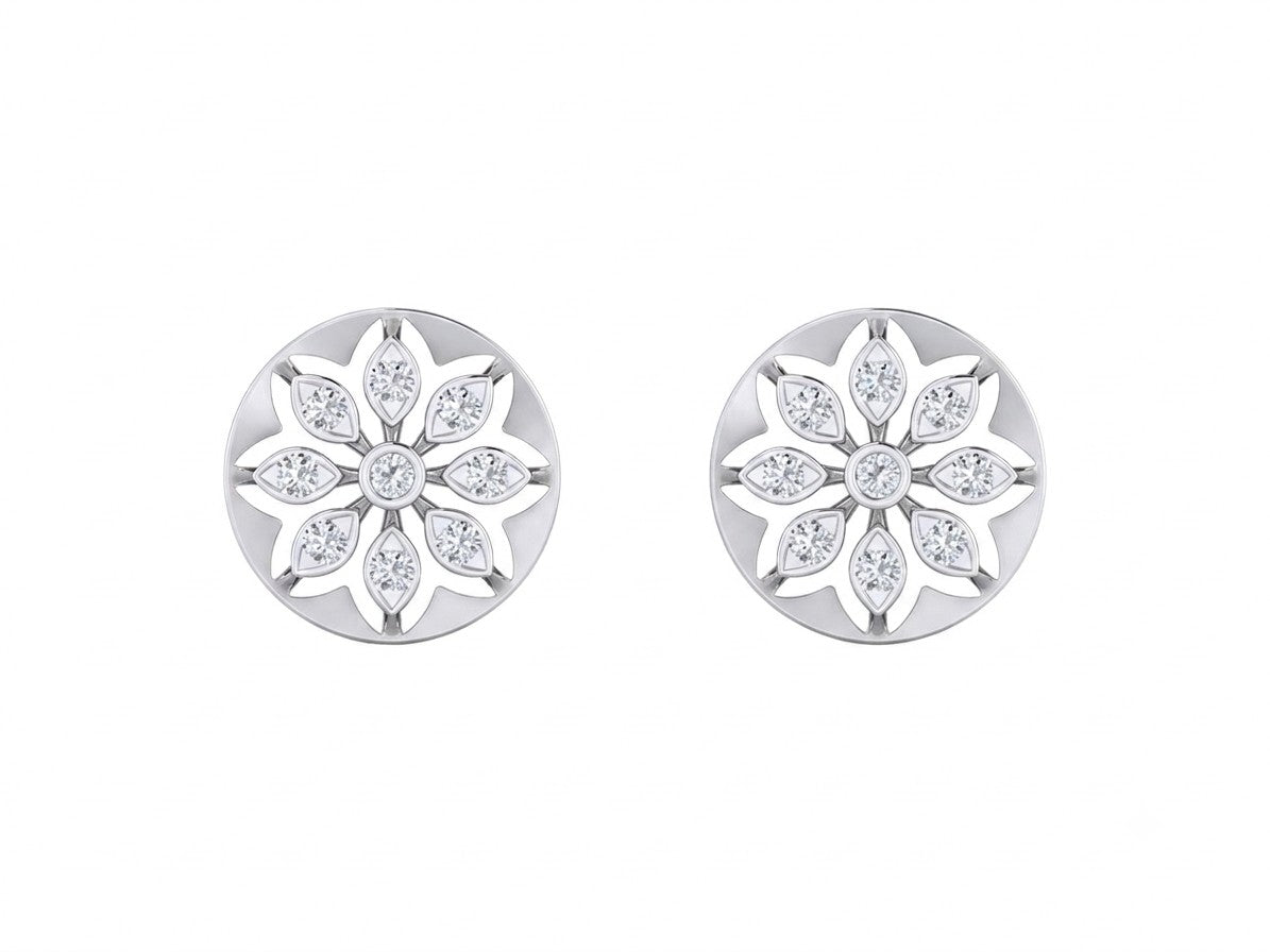 White gold and diamond round-shaped stud earring with floral-design on a white background.