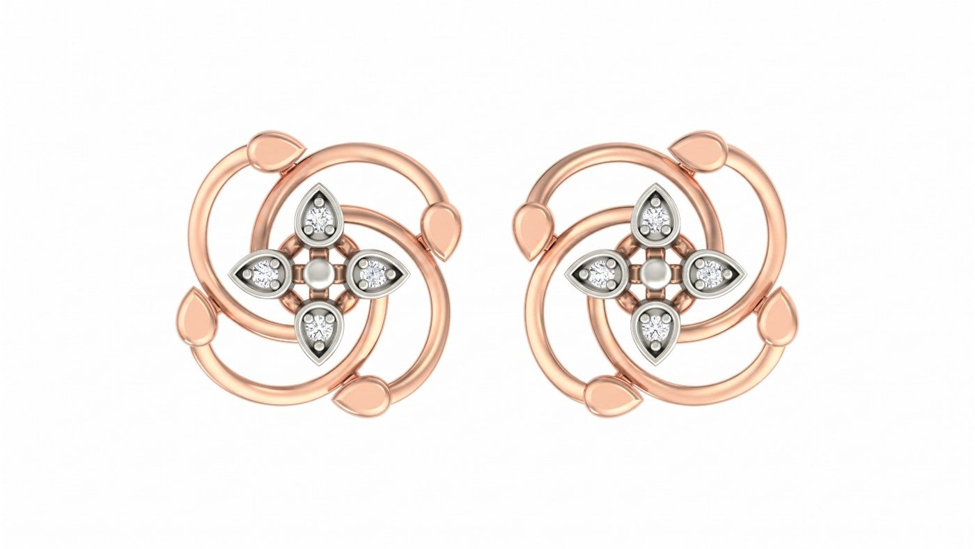 Rose gold and diamond earrings with floral design on a white background.