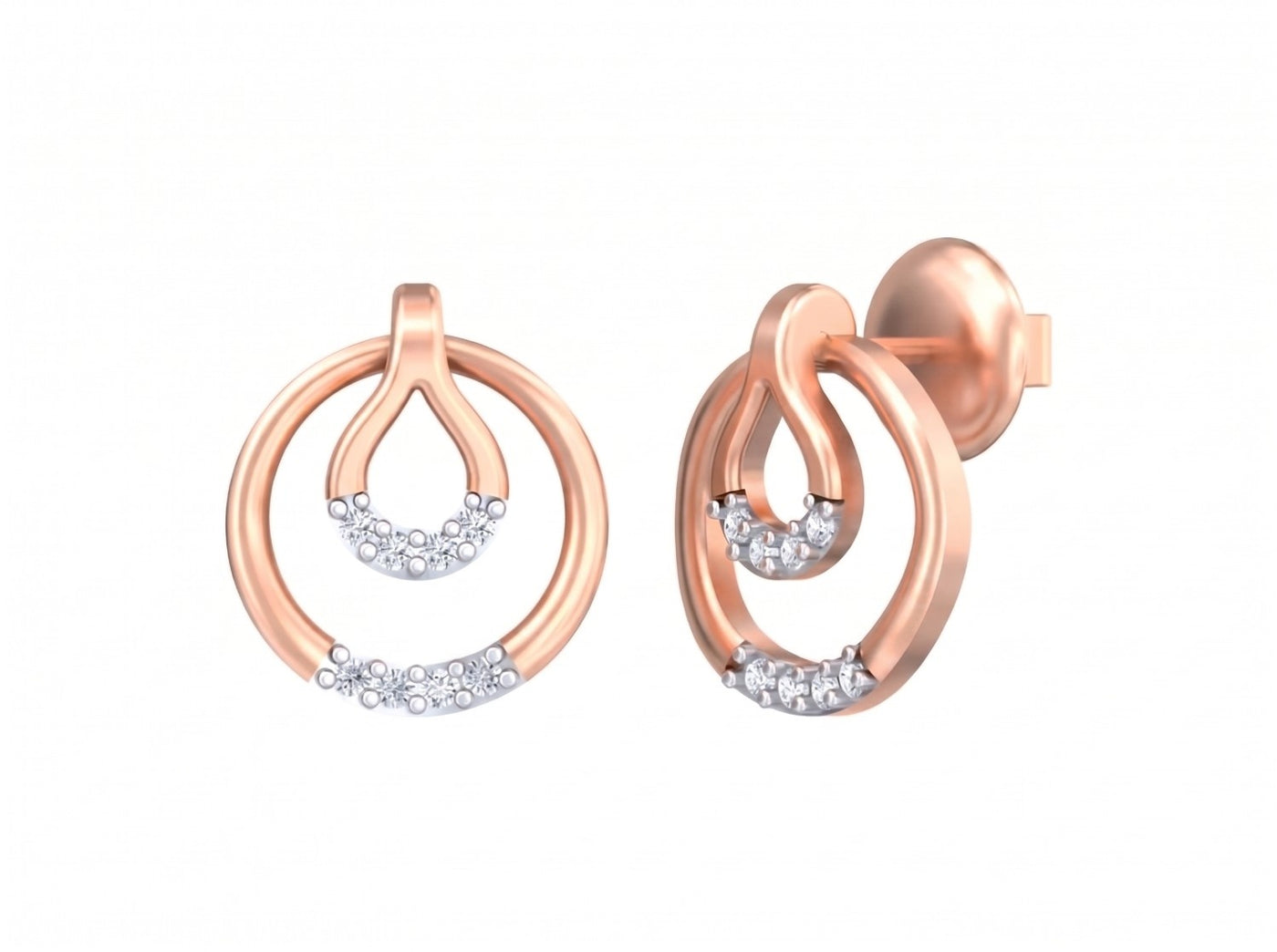 Rose gold and diamond earrings with circular design on a white background