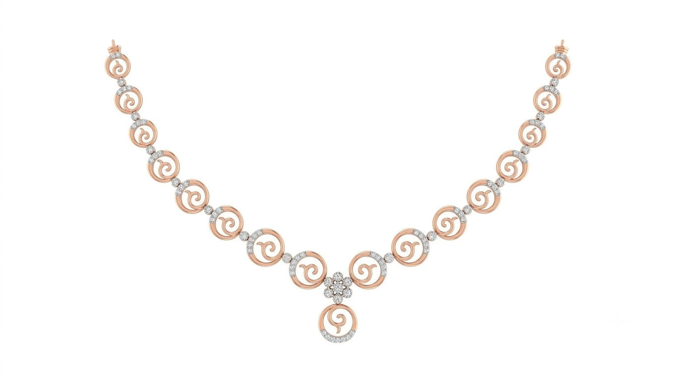A rose gold and diamond necklace featuring a series of openwork spiral links accented motif, shown on a plain white background.