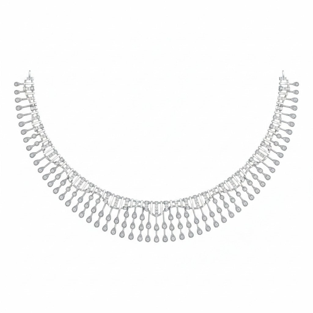 White gold-toned teardrop fringe necklace with rectangular clear stones, displayed against a solid white background.