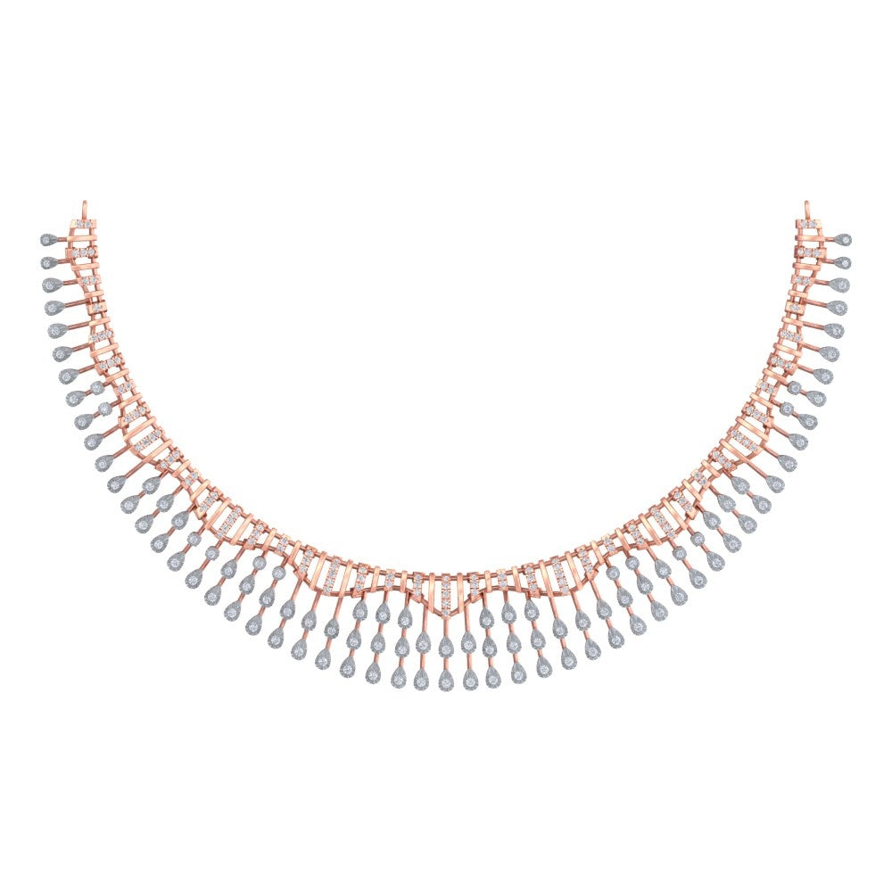 Rose gold and diamond statement necklace with multiple rows of dangling teardrop, displayed on a clean white background.