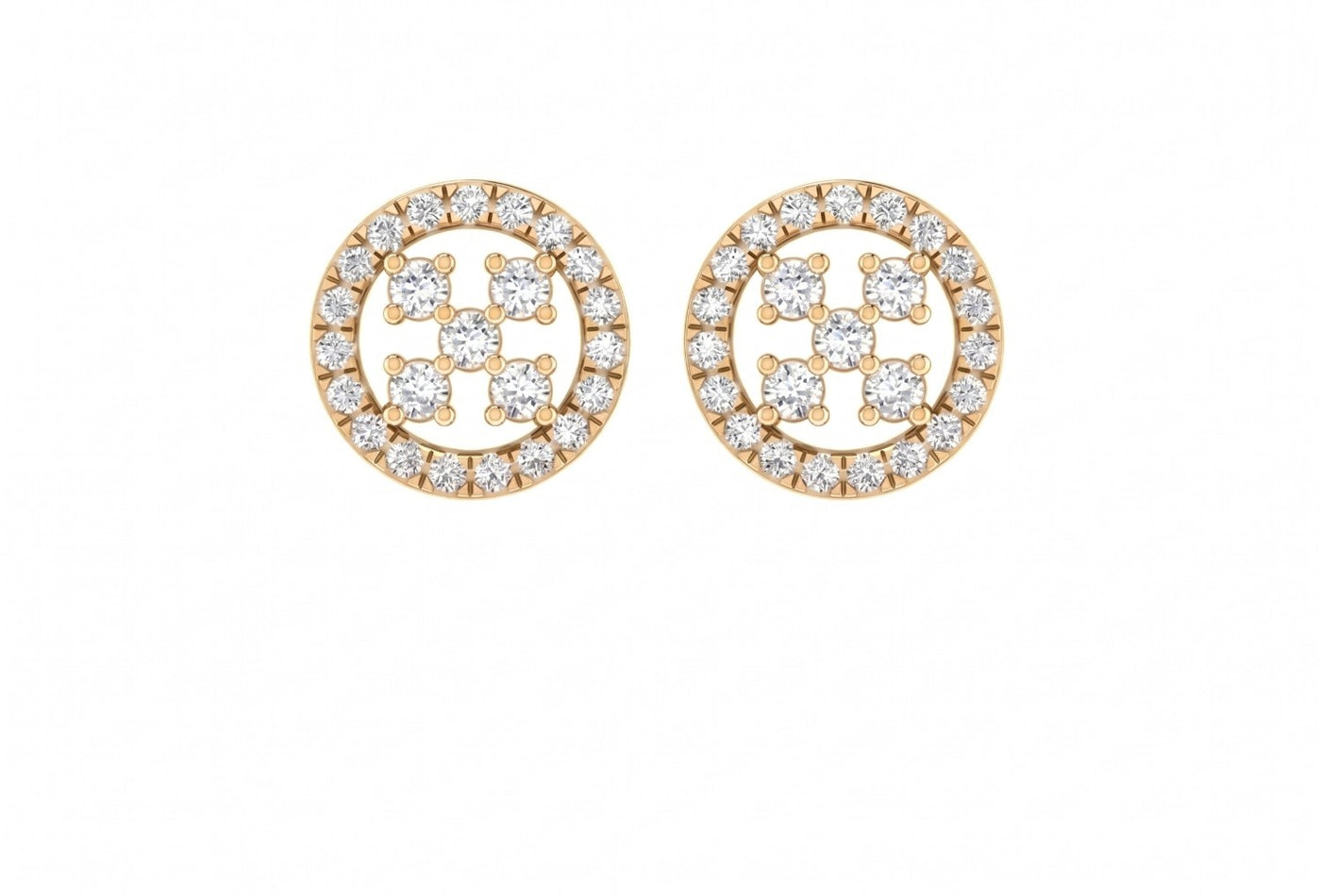 Pair of yellow gold and diamond round-shaped earrings with a central design on a white background.