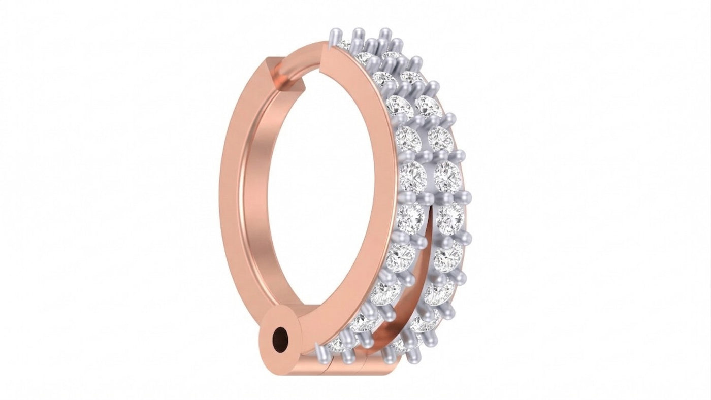 A rose gold and diamond nose pin with a single row of clear pavé-set round gemstones on a plain white background.