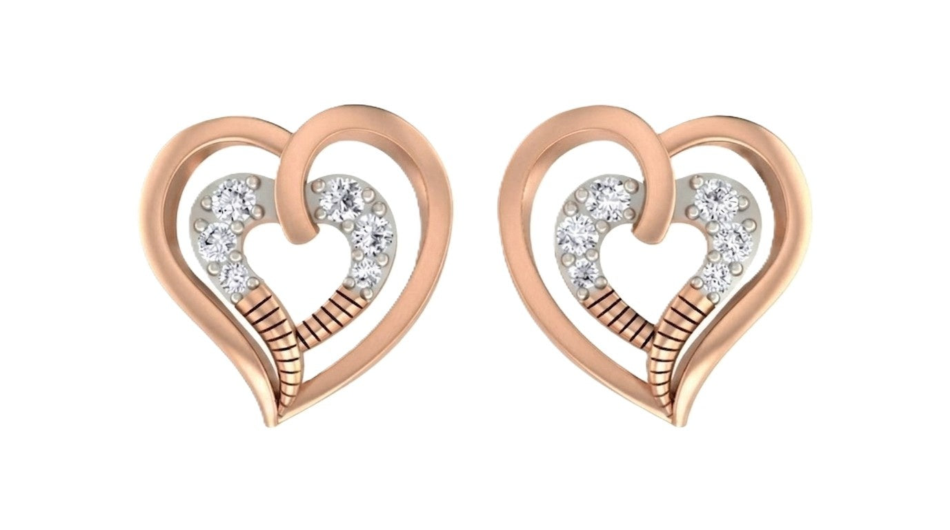 Rose gold and diamond heart-shaped stud earring on a white background.