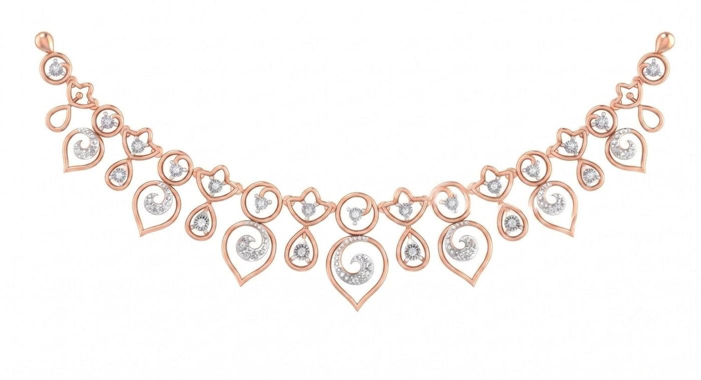 Rose gold necklace with diamonds on a white background.