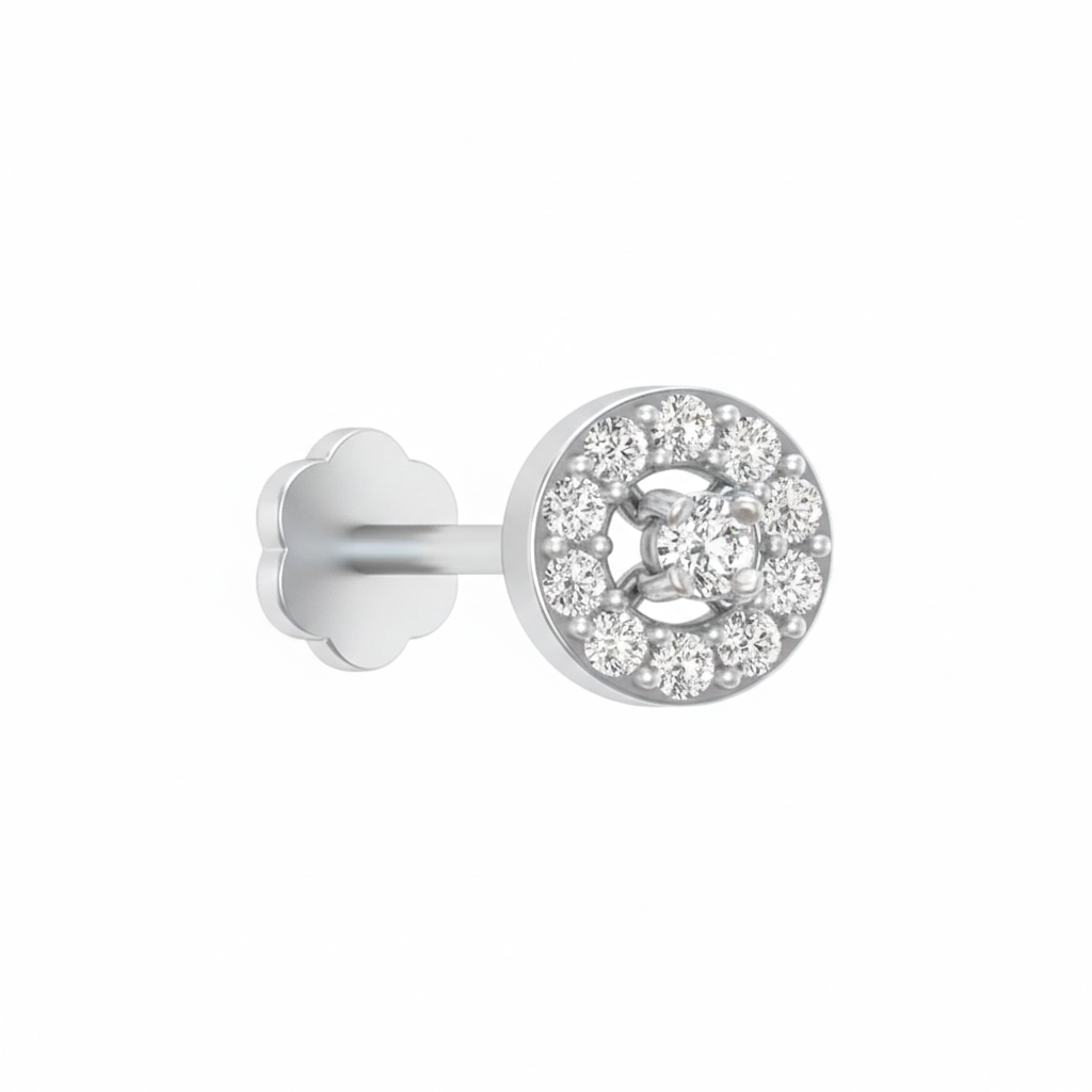 White gold and diamond stud nosepin with clear gemstones on a white background