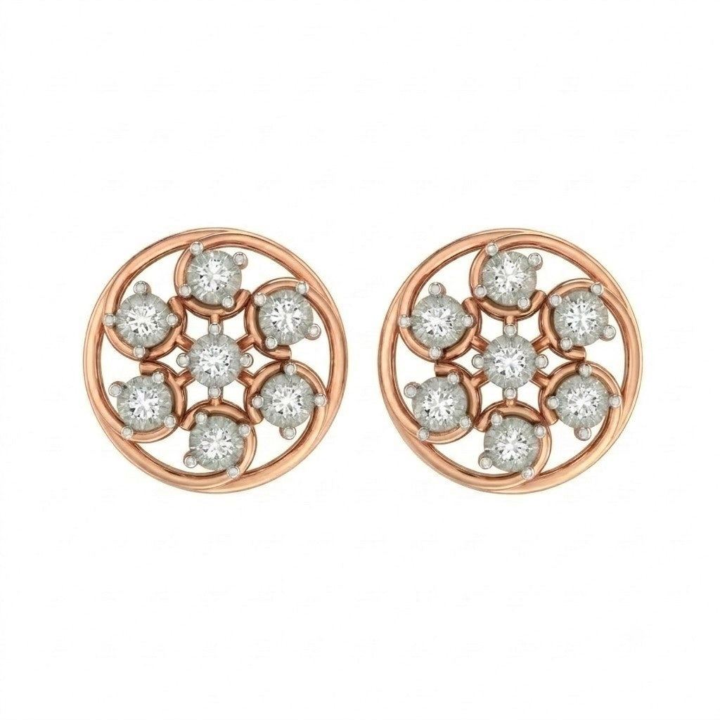 Rose gold and diamond stud earring with round-shaped on a white background.