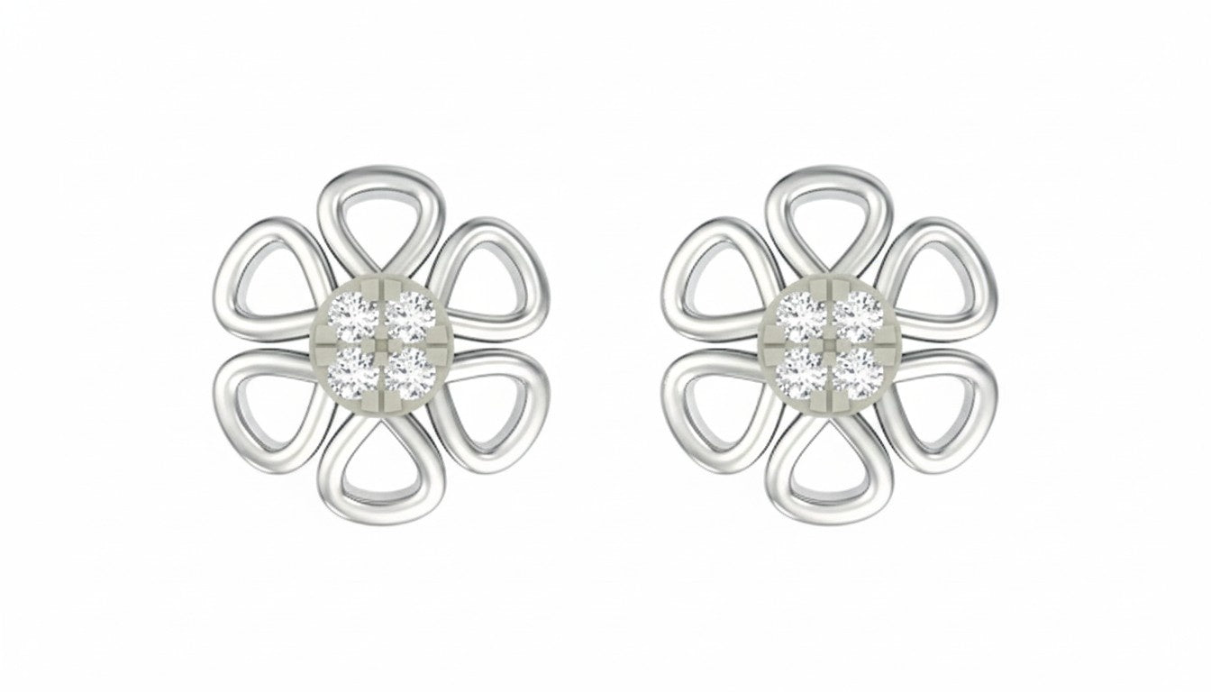 White gold an diamond floral stud earrings  white background.
