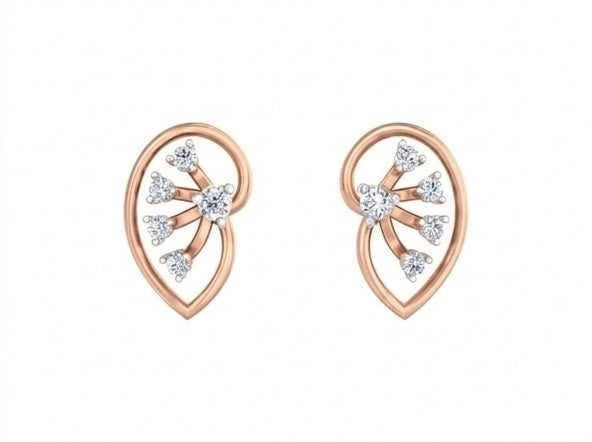 Rose gold and diamond earrings on a white background.