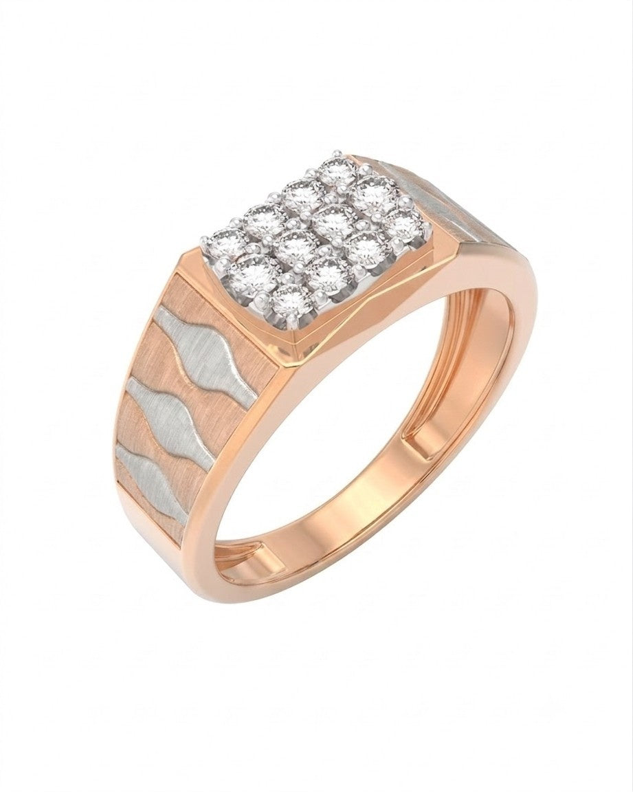 A men's rose gold ring with a square diamond cluster, shown on a plain white background.