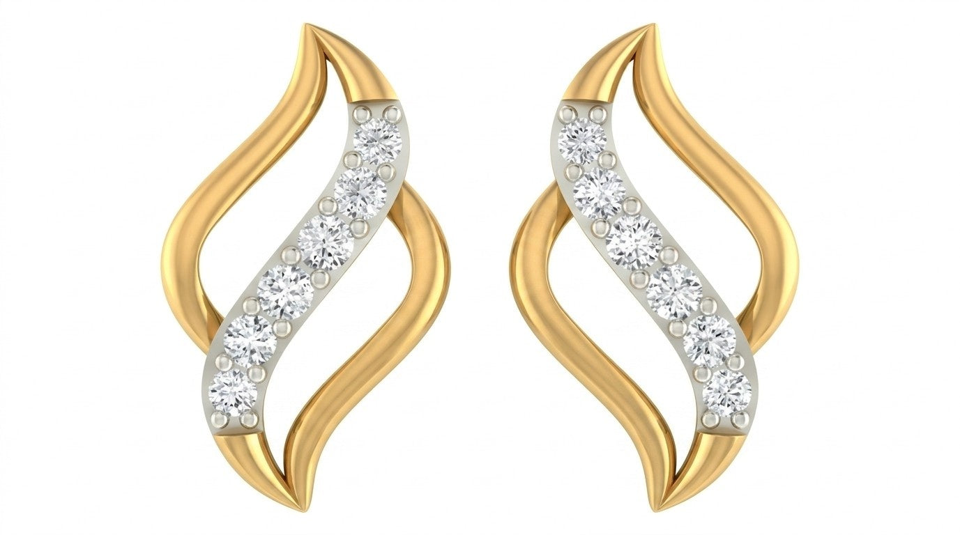 Yellow gold and diamond swirl curve stud earring on a white background.