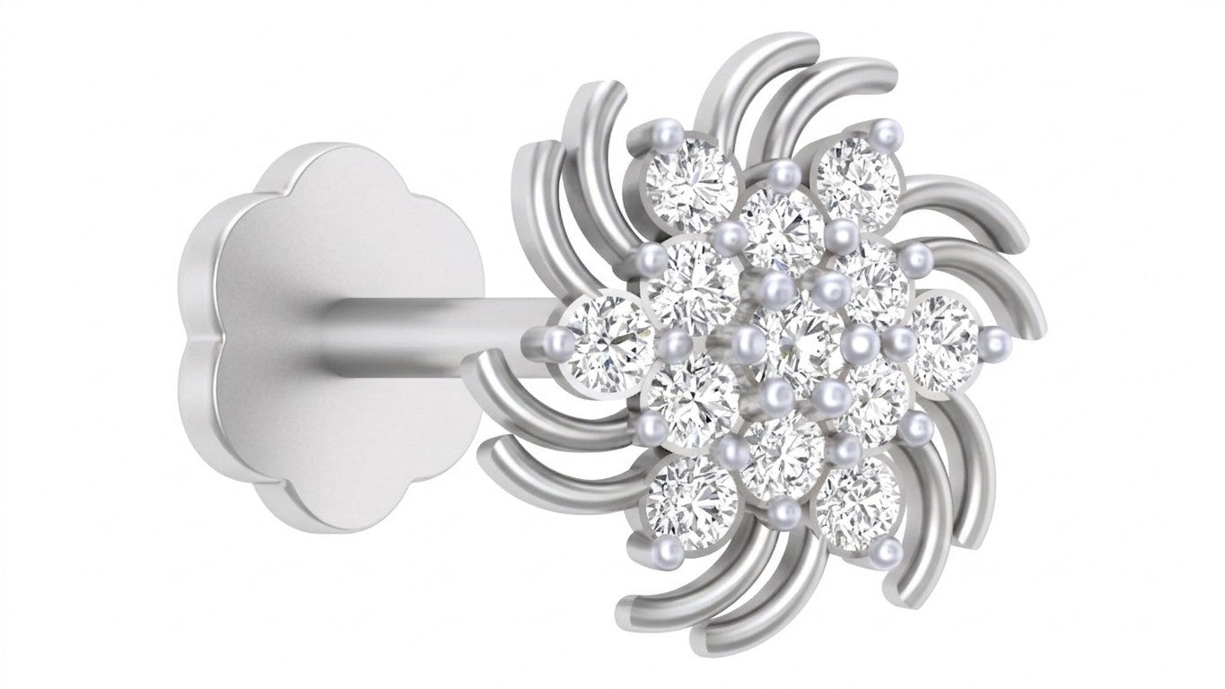 White gold and diamond stud nose pin on a soft focus background