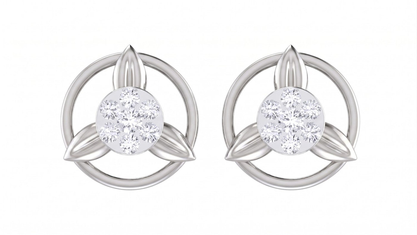 White gold and diamond round-shaped stud earrings on a white background