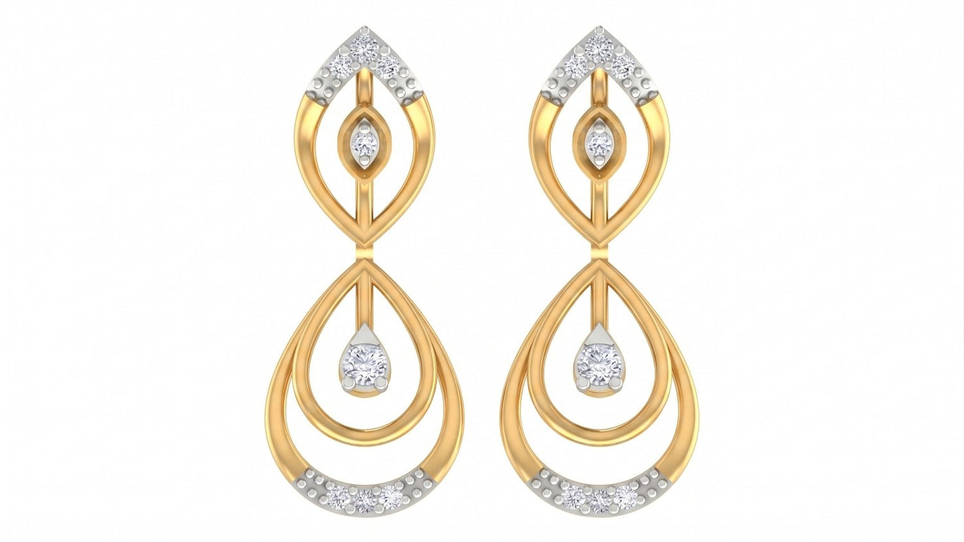 Yellow gold and diamond drop earrings with teardrop design on a white background