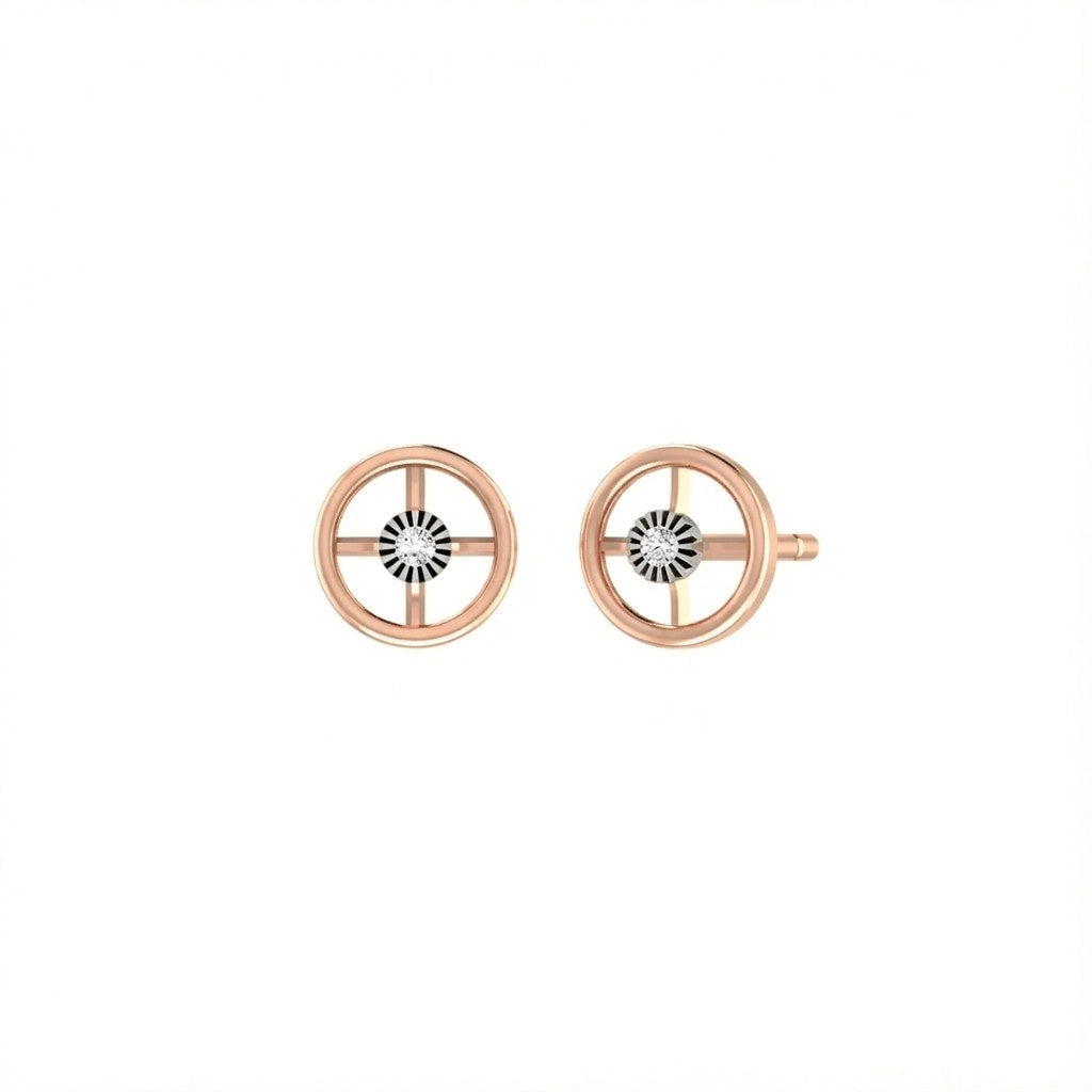 Rose gold and diamond round-shaped stud earring on a white background.