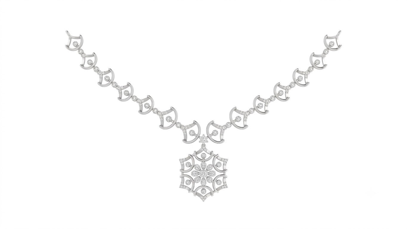 A white gold and diamond necklace featuring a central geometric, displayed on a solid white background.