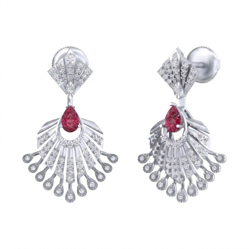 A pair of white gold and diamond earrings with a floral design and a central ruby gemstone.