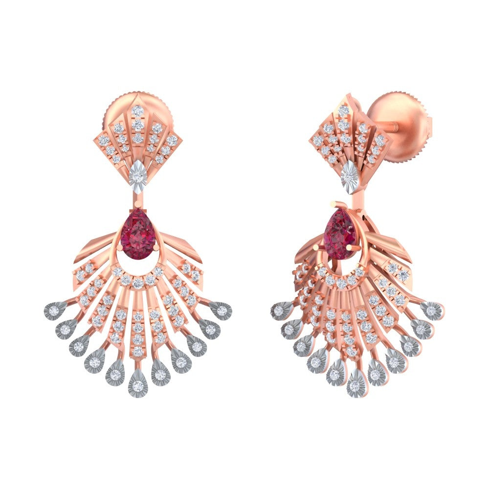 A pair of rose gold and diamond earrings with a floral design and a central ruby gemstone.