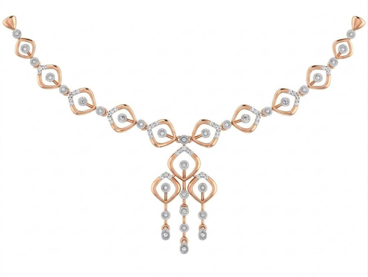 A rose gold and diamond necklace with a geometric style design, featuring a central motif and dangling elements, shown on a plain white background.