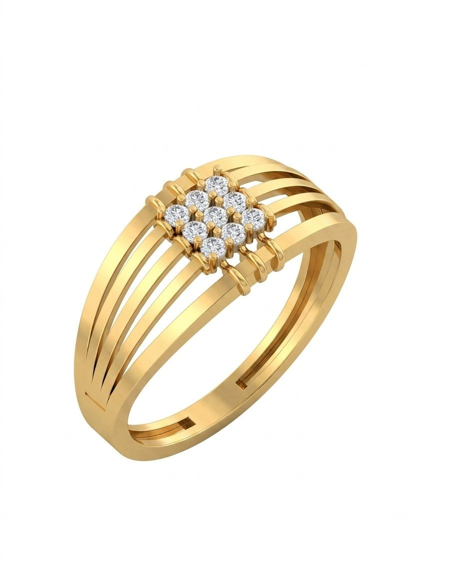 A yellow gold ring with a band design and a central cluster, shown on a plain white background.