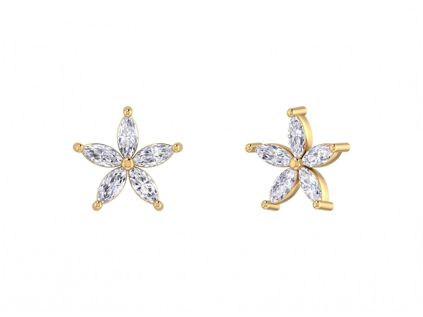 A pair of yellow gold flower-shaped stud earrings with marquise-cut diamond, shown on a plain white background.