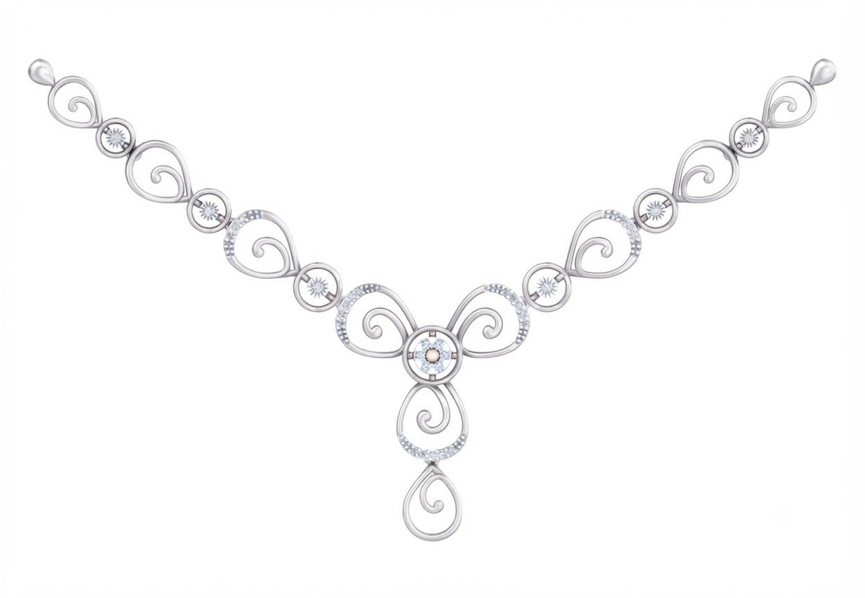 A white gold and diamond necklace with a symmetrical scroll design, shown on a plain white background.