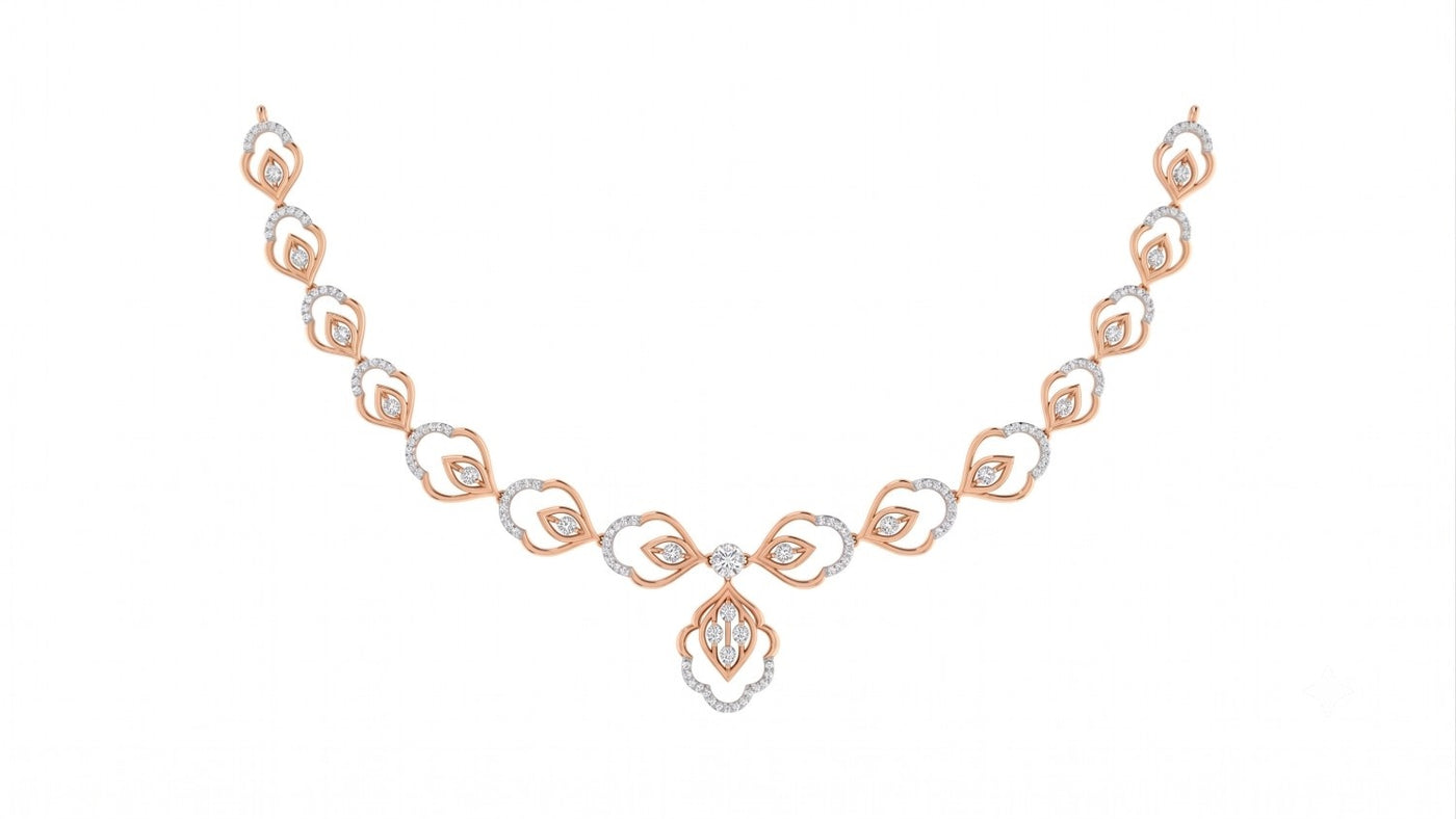 A rose gold and diamond necklace featuring a floral design, set against a plain white background.