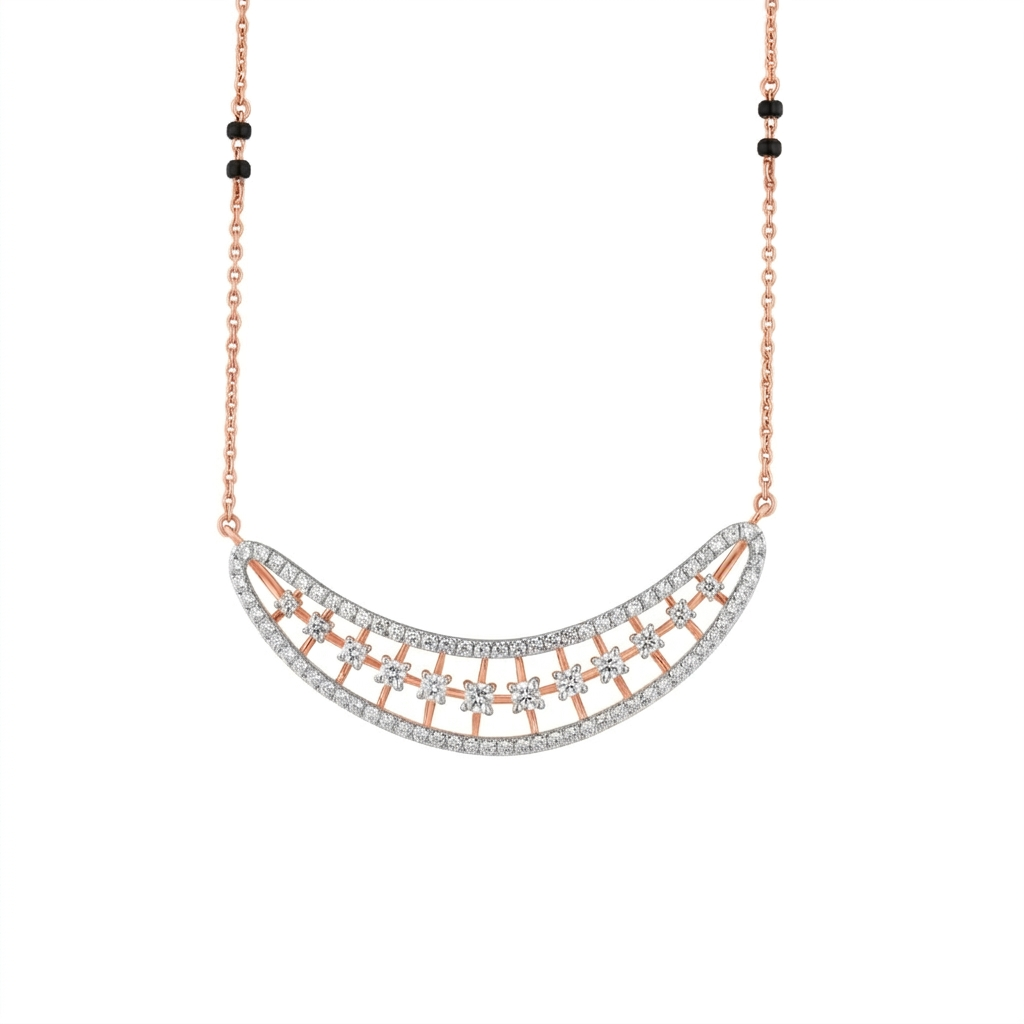Rose gold and diamond mangalsutra with a crescent moon-shaped on a white background