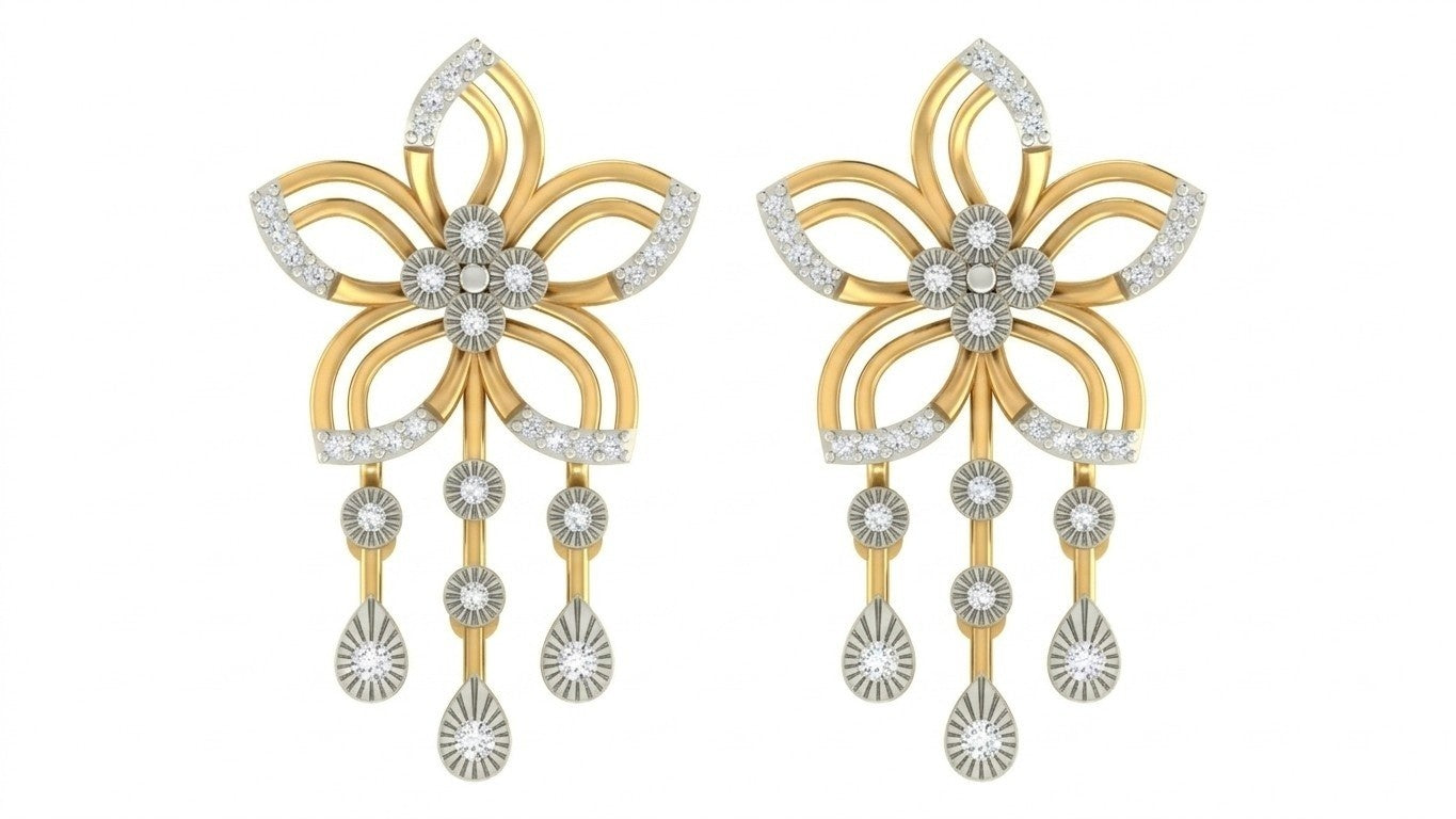 Pair of yellow gold and diamond earrings with floral design on a white background