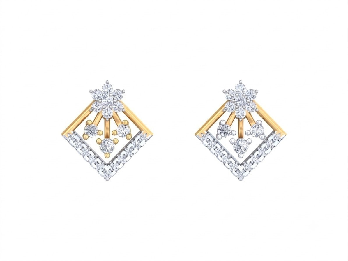 Pair of yellow gold and diamond stud earrings on a white background