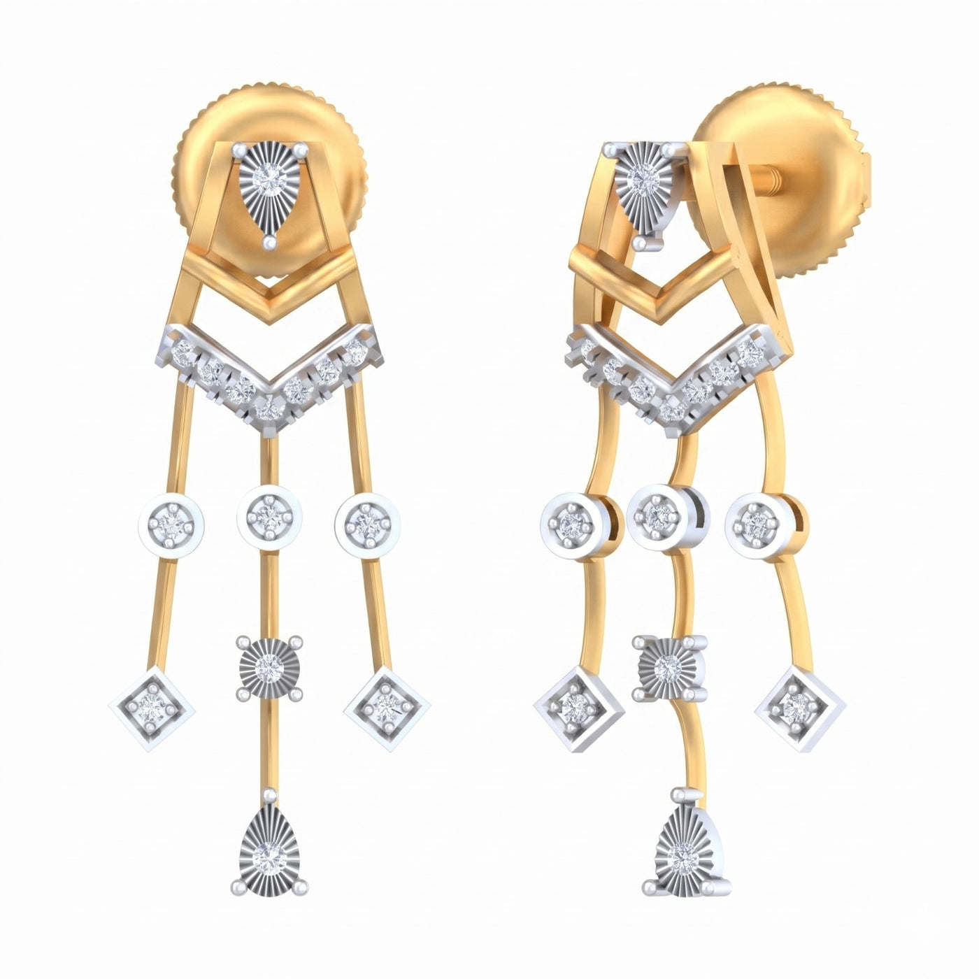 Pair of yellow gold and diamond earrings with intricate designs on a white background.