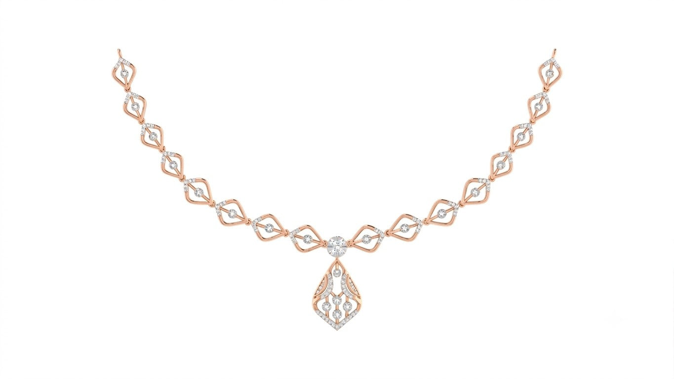 A rose gold and diamond necklace with an intricate geometric link design and a teardrop-shaped, shown on a plain white background.