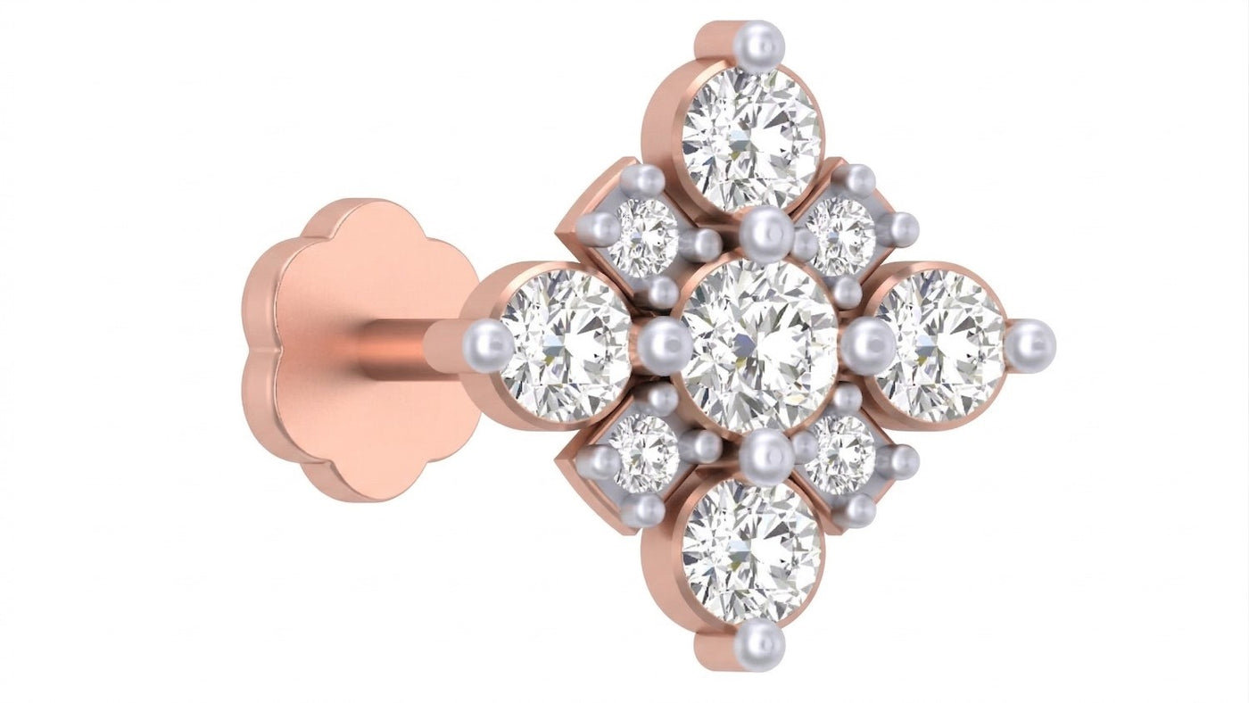 rose gold and diamond stud nose pin on a white background