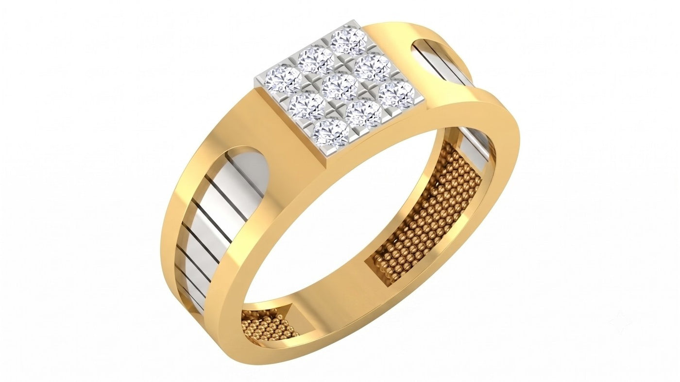 A yellow gold ring with a square diamond cluster setting, shown on a plain white background.