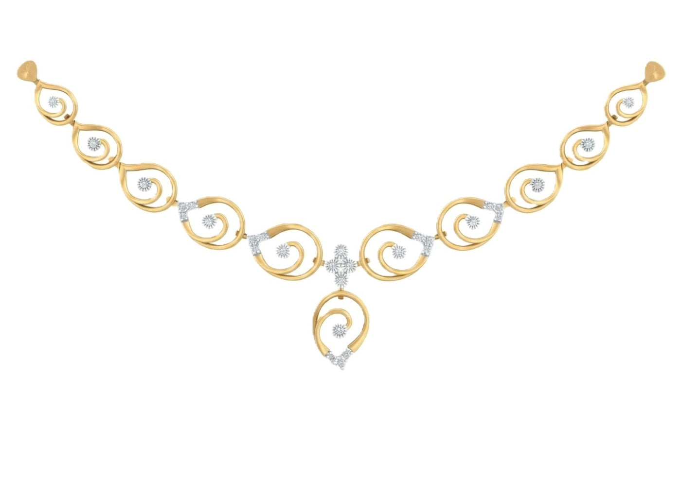 yellow gold and diamond necklace with diamond-accented swirl links and a geometric pendant drop.