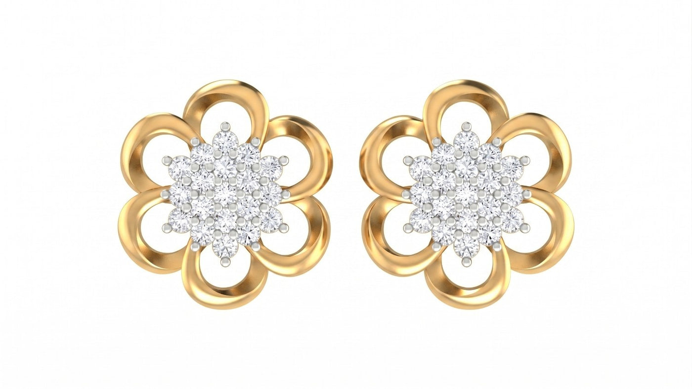 A pair of yellow gold flower-diamond stud earrings with clear gemstones in the center, set against a plain white background.
