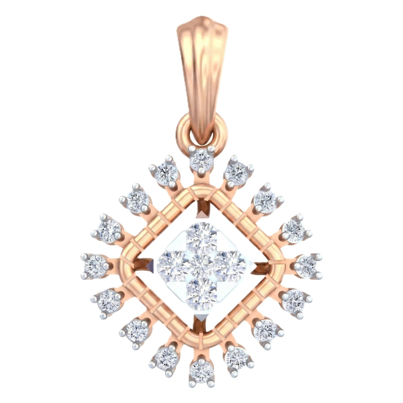 Rose gold pendant with diamond accents on a white background
